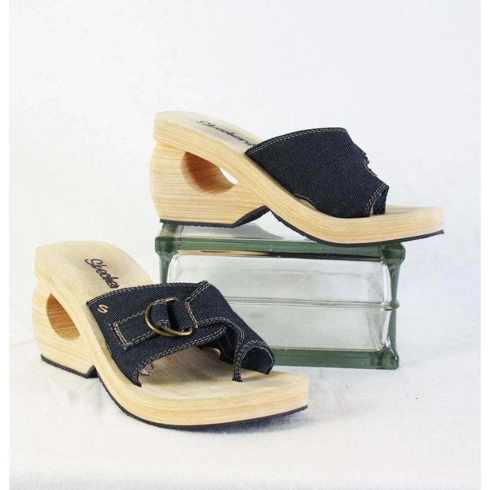 VTG Y2K Skechers Somethin Else Platform Sandals 6 Blue Denim Cutout Heel Boho